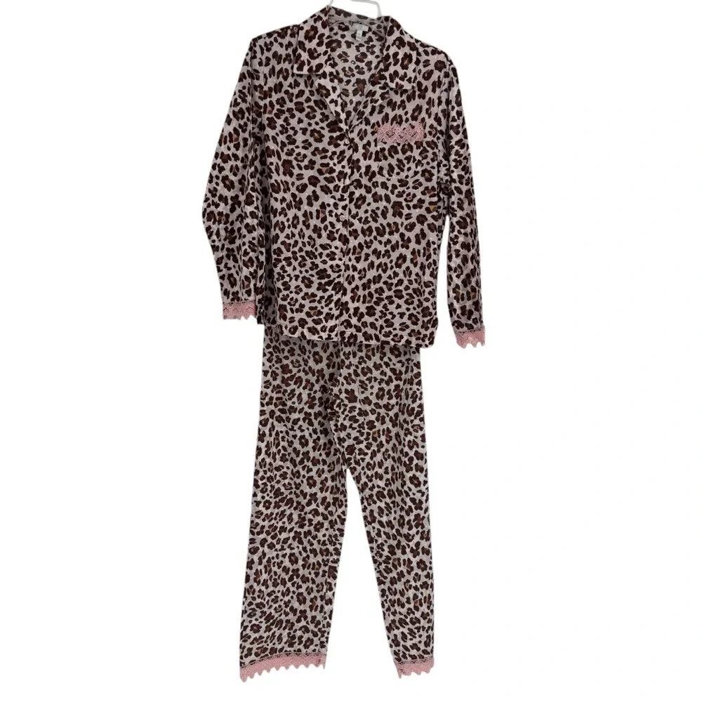 TART INTIMATES Leopard Print Pajama Set Size M women Pants Top Brown Pink Lace